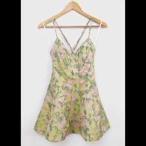 Shining Brightly Green and Pink Floral Jacquard Mini Dress